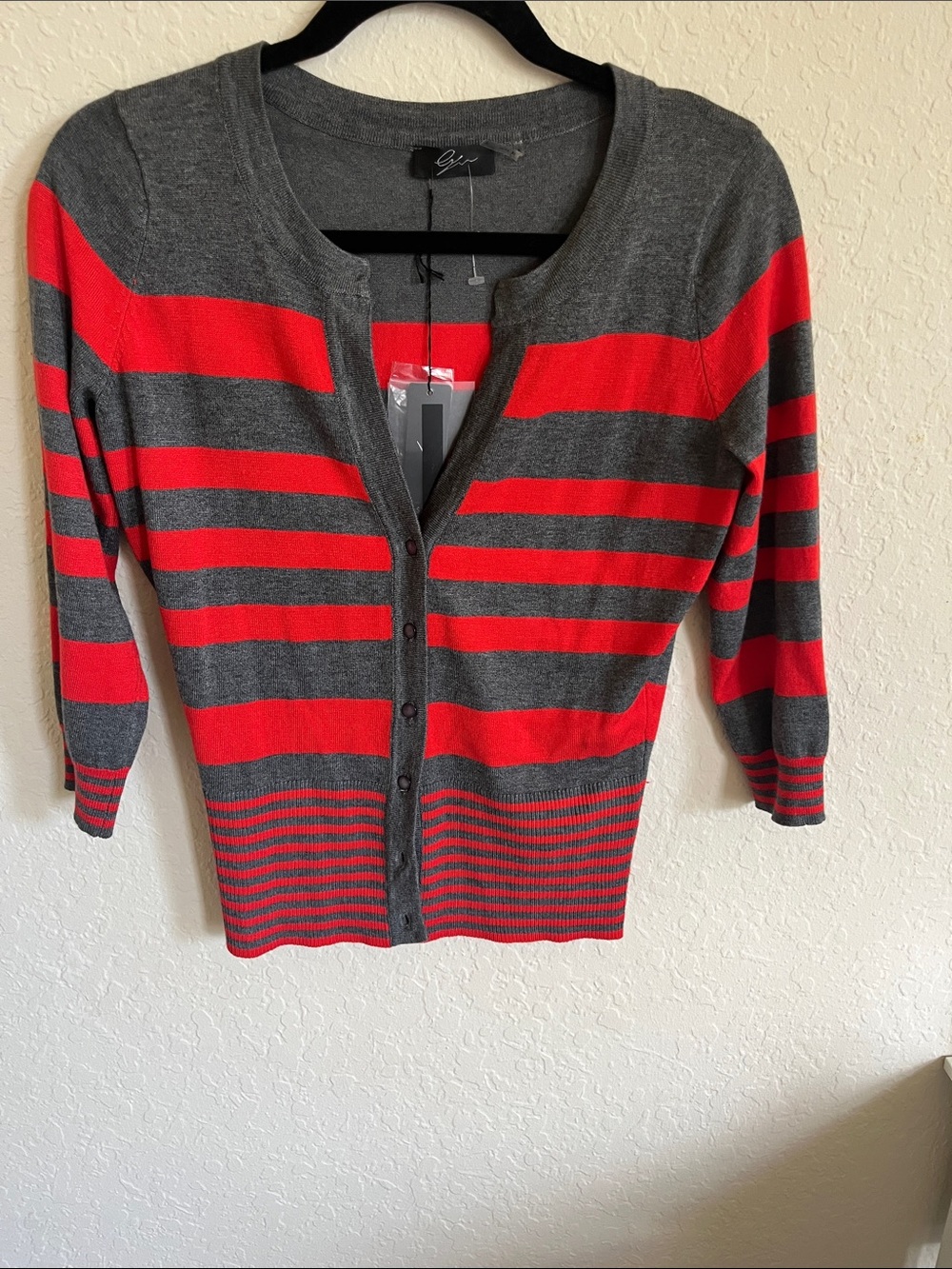 Gray and Red Striped Button-Front Cardigan
